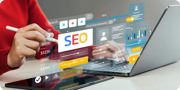 SEO Abstract illustration with hand searching in front of laptop.
